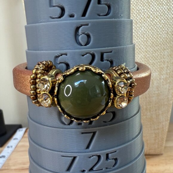 Laura Janelle Brown Leather Bracelet W/ Green Gemstone & Rhinestone Accents Gold - Picture 3 of 11